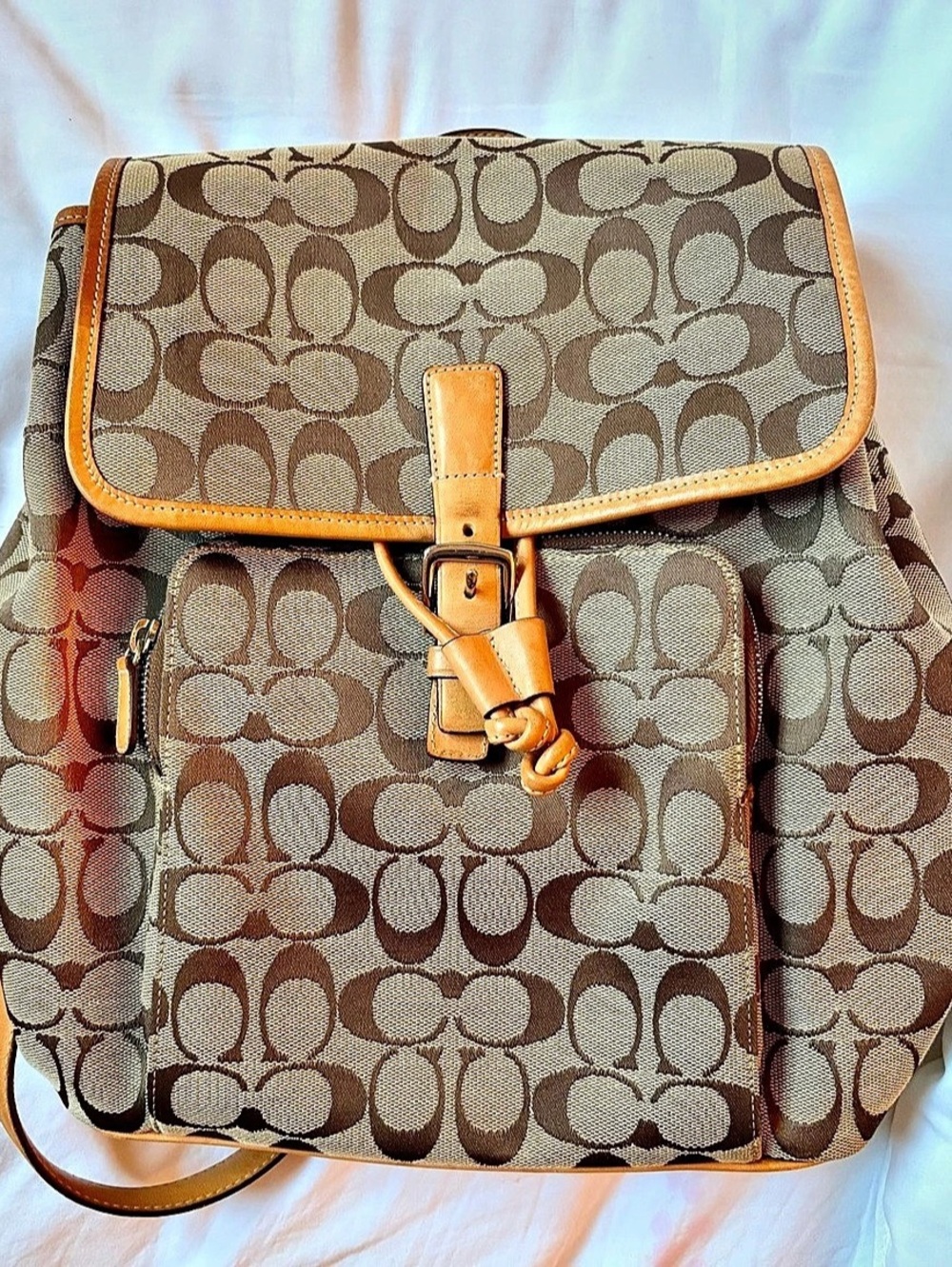 COACH Signature Hamptons Flap Backpack Brown & Tan